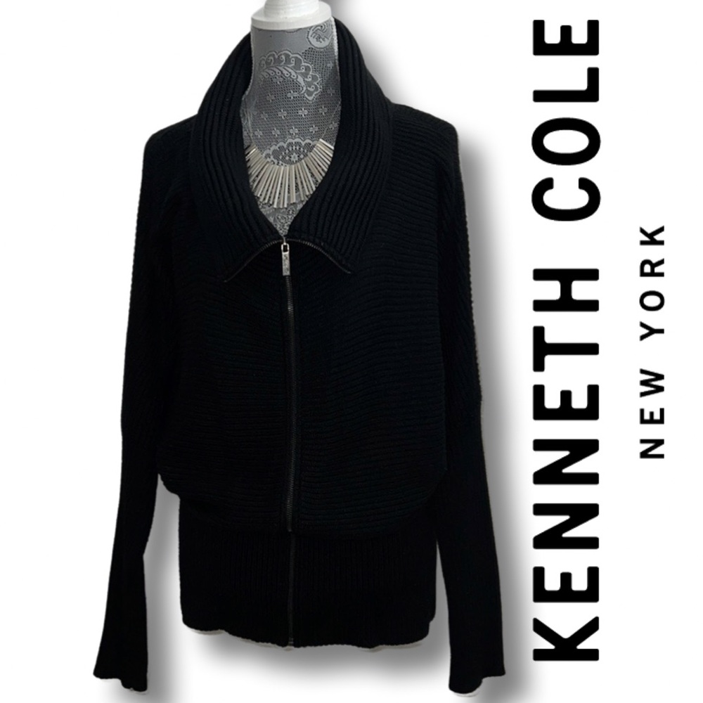 Kenneth Cole Women’s Full Zip Cowl Neck Ribbed Sweater Jacket Medium Black